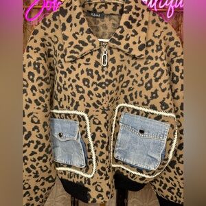 NWT Brown Leopard Print Jacket with Denim & black Accents